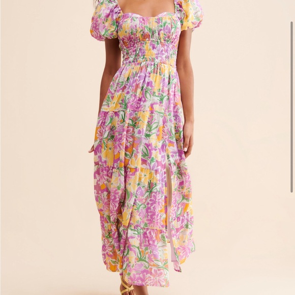 Astr Dresses & Skirts - Astr Pink and Purple Puff Sleeve Sundress